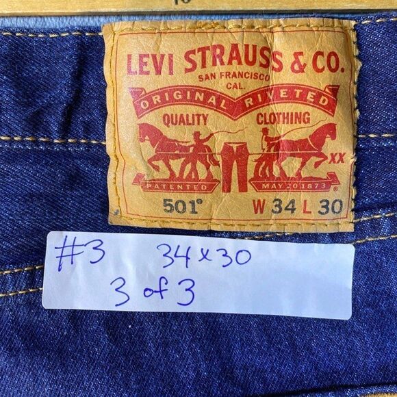 501 Button Fly, Men's, Denim Jeans 34 x 30, 100% Cotton, Dark Stone Wash - Picture 1 of 11